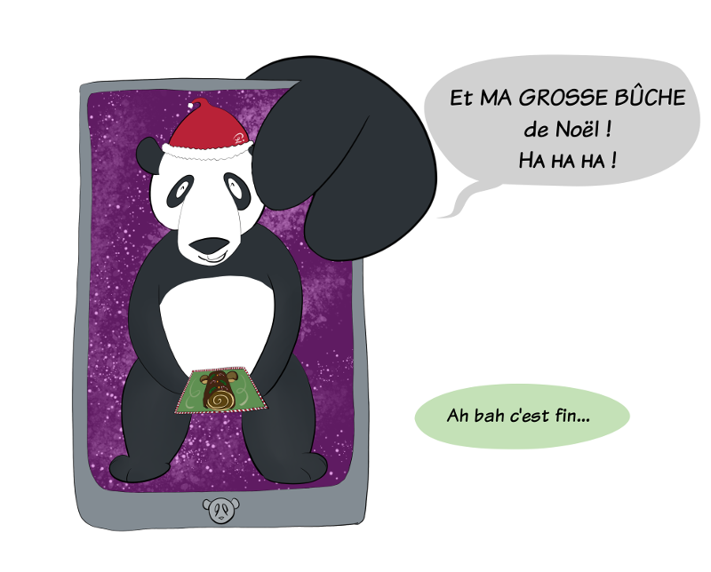 Dessin dans un dessin : la "grosse bûche de Moustache". Il tient un plat avec une bûche et des choux à la crème disposés de part et d'autre de la bpuche pour un rendu phallique. Petit Lutin rétorque "Ah bah c'est fin !"